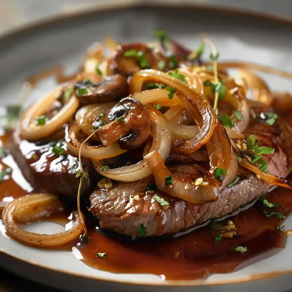Un morceau de bœuf tendre recouvert de lamelles d’oignons dorés et de champignons, le tout nappé de sauce brillante.