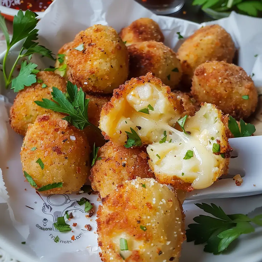 Des cromesquis bien dorés, pleins de fromage fondant, servis dans un plat avec du persil frais.