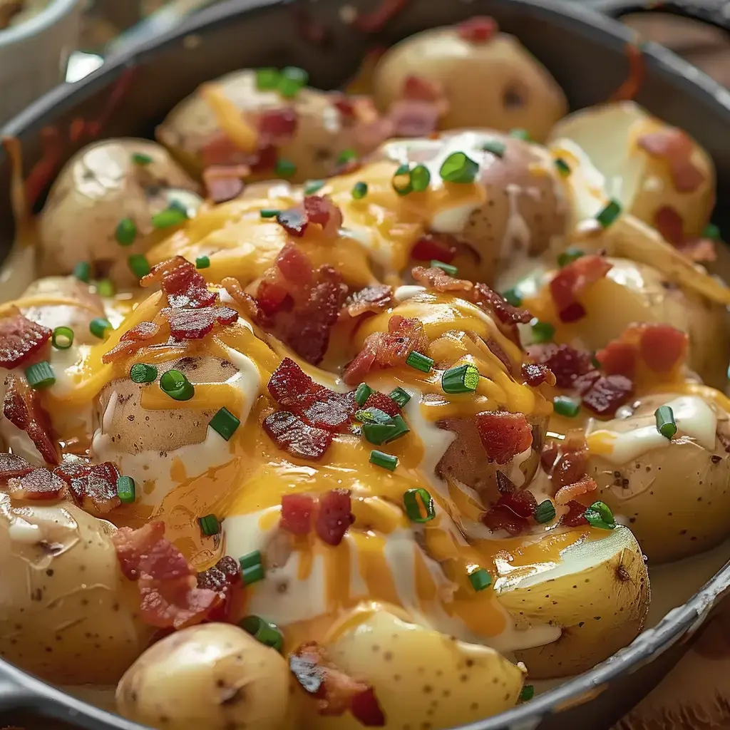 Pommes de terre recouvertes de cheddar, bacon et crème fraîche avec un peu de ciboulette.