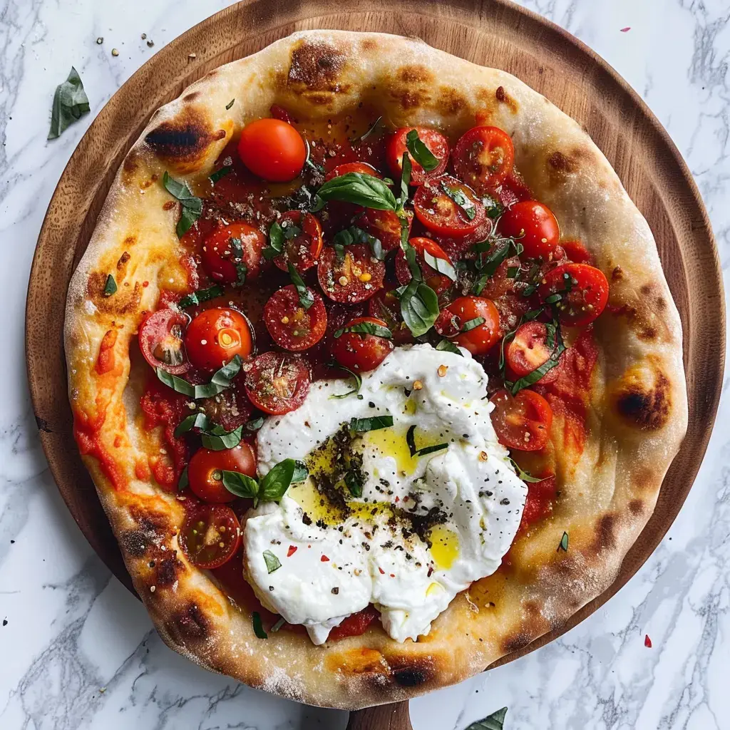 Pizza cuite avec tomates cerises, basilic et burrata, posée sur une planche bois.