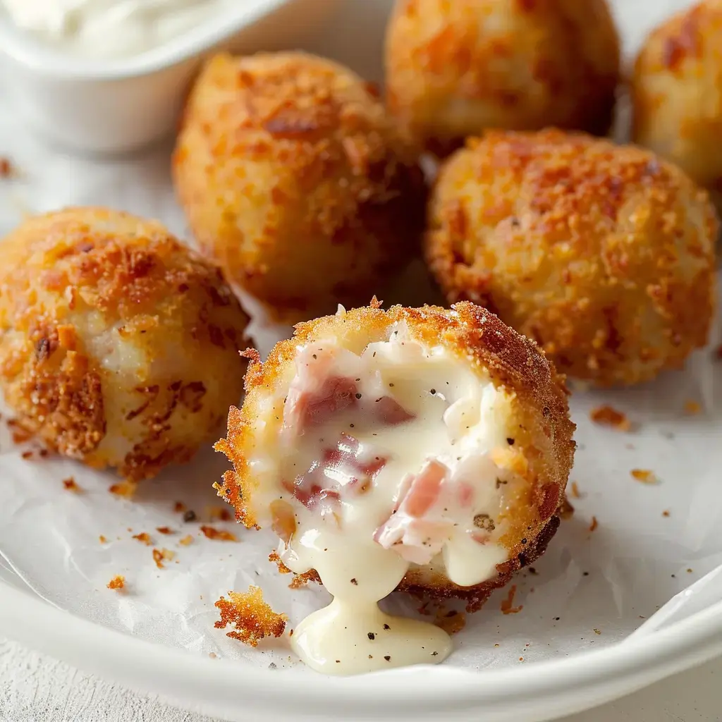 Des croquetas dorées, fendues en deux pour laisser voir leur intérieur crémeux au jambon.