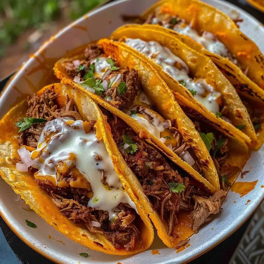 Assiette de tacos garnis de bœuf, fromage, crème et coriandre, prêts à être dégustés.