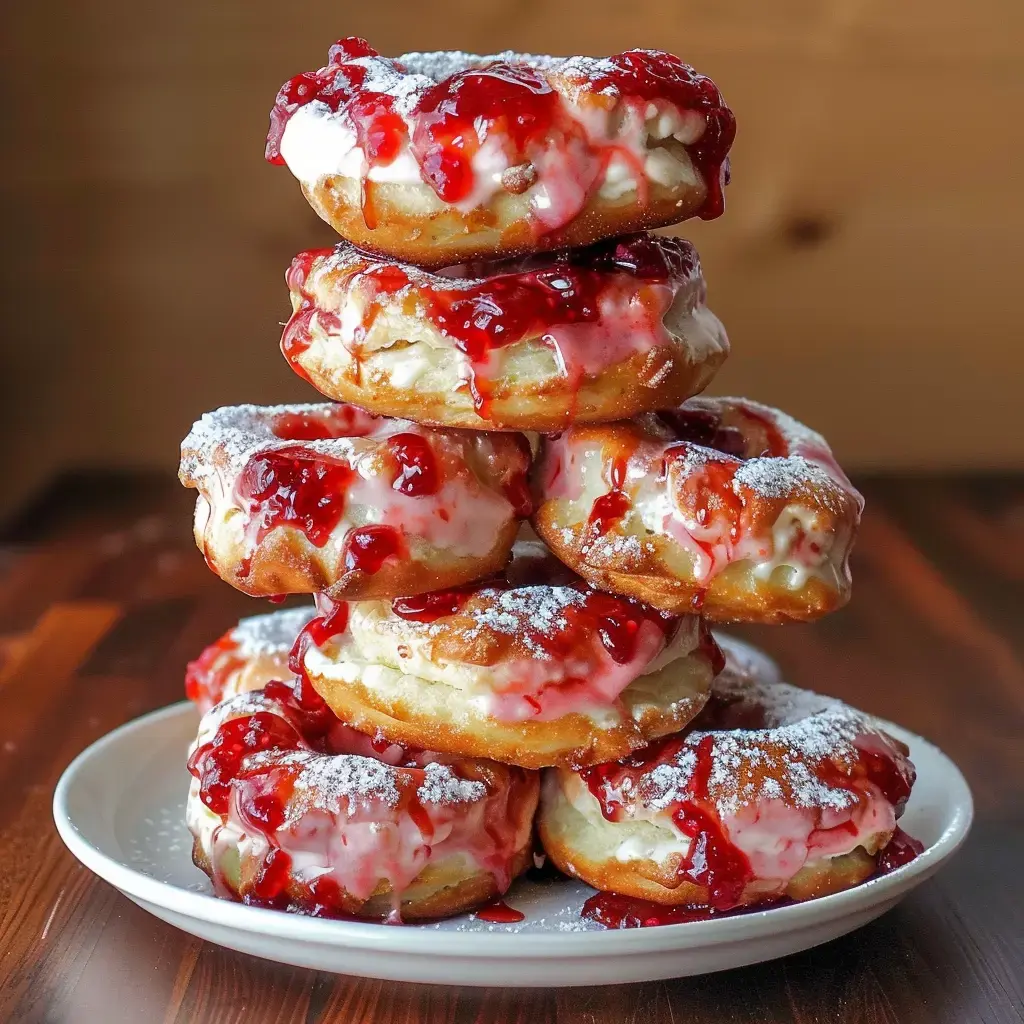 Une montagne de beignets nappés d’un glaçage rose et de confiture, recouverte de sucre glace, s’empile sur une grande assiette.