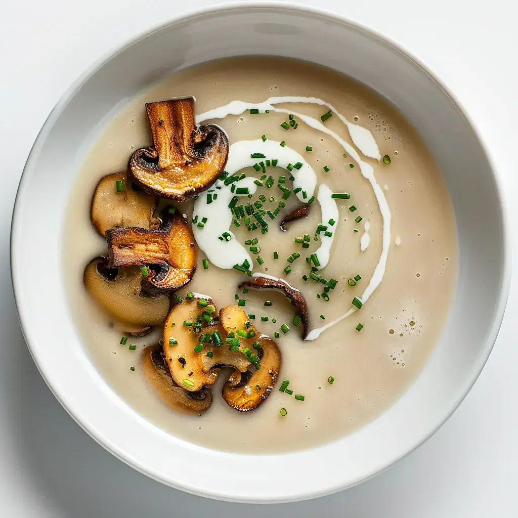 Une soupe onctueuse aux champignons avec des tranches grillées et une pincée de ciboulette.
