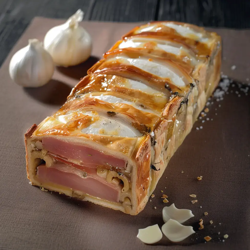 Une croûte garnie de viandes coupée en tranches, posée à côté de gousses d’ail sur une table sombre.