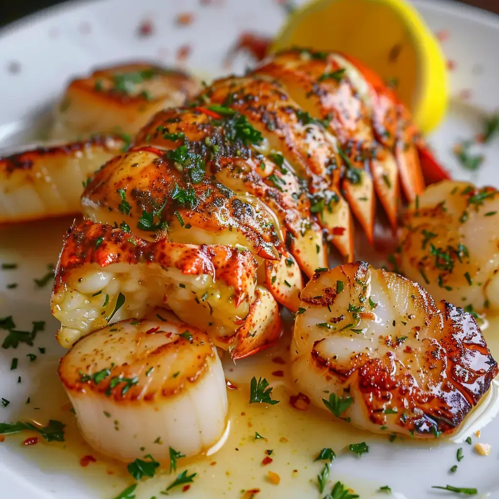 Queues de homard grillées et noix de Saint-Jacques avec persil frais et quartiers de citron.