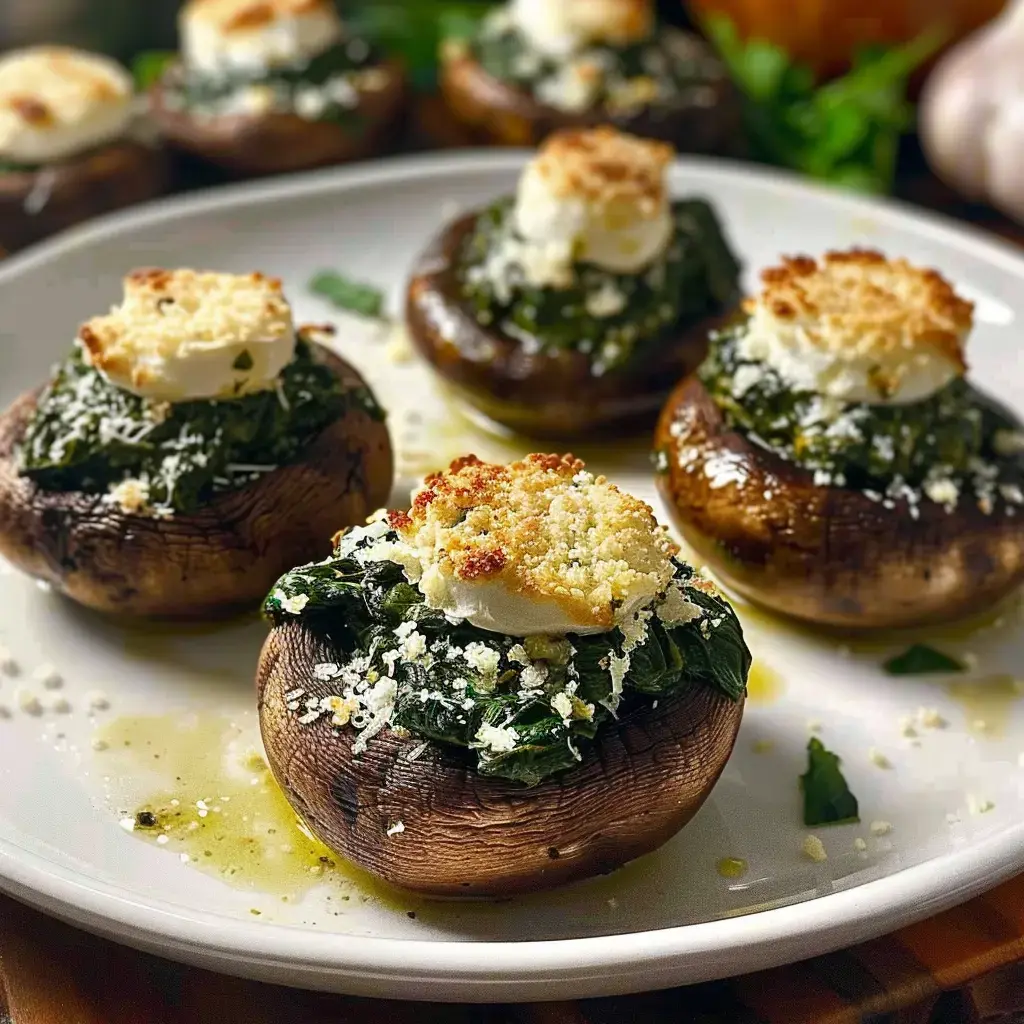 Champignons de Paris farcis aux épinards, couverts de fromage fondu et chapelure bien dorée, servis à table.