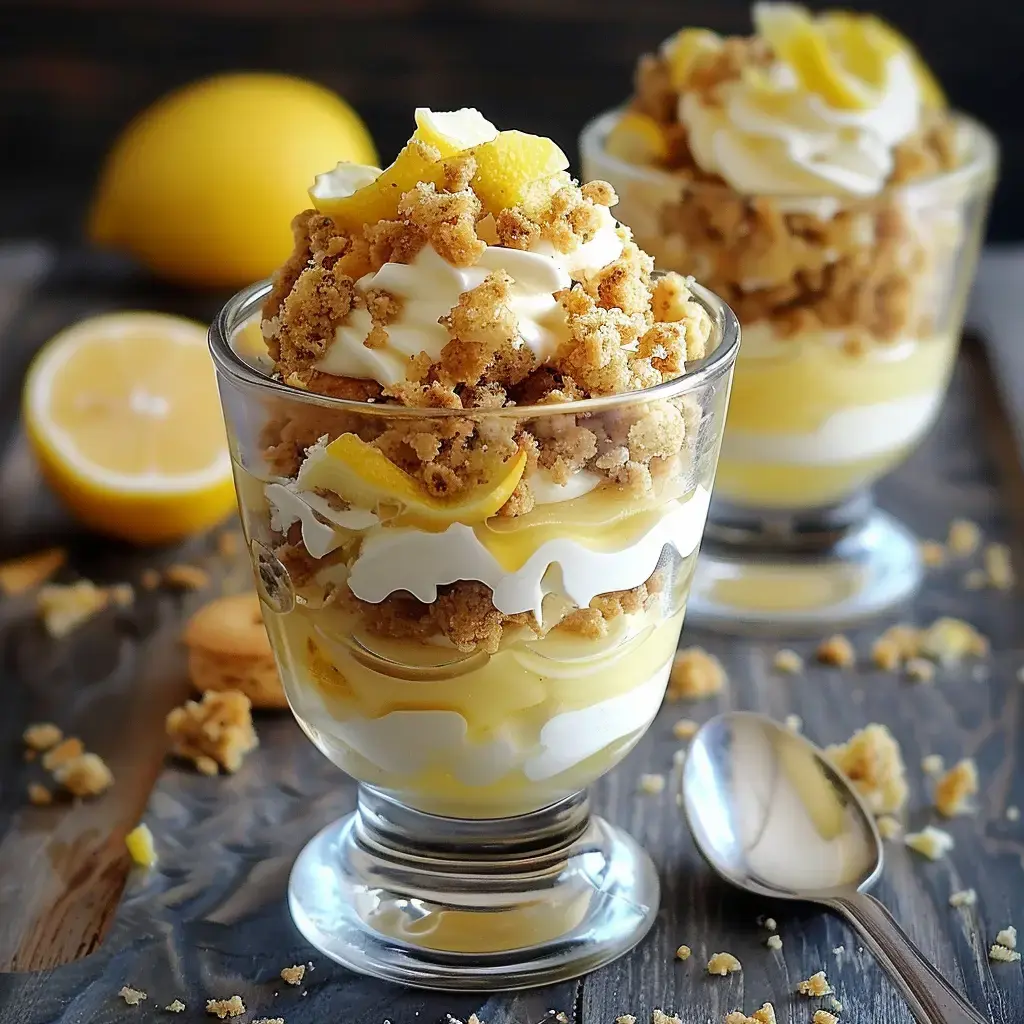 Joli dessert en verrine avec couches de mascarpone, citron, biscuits émiettés et zestes de citron, un citron coupé derrière.