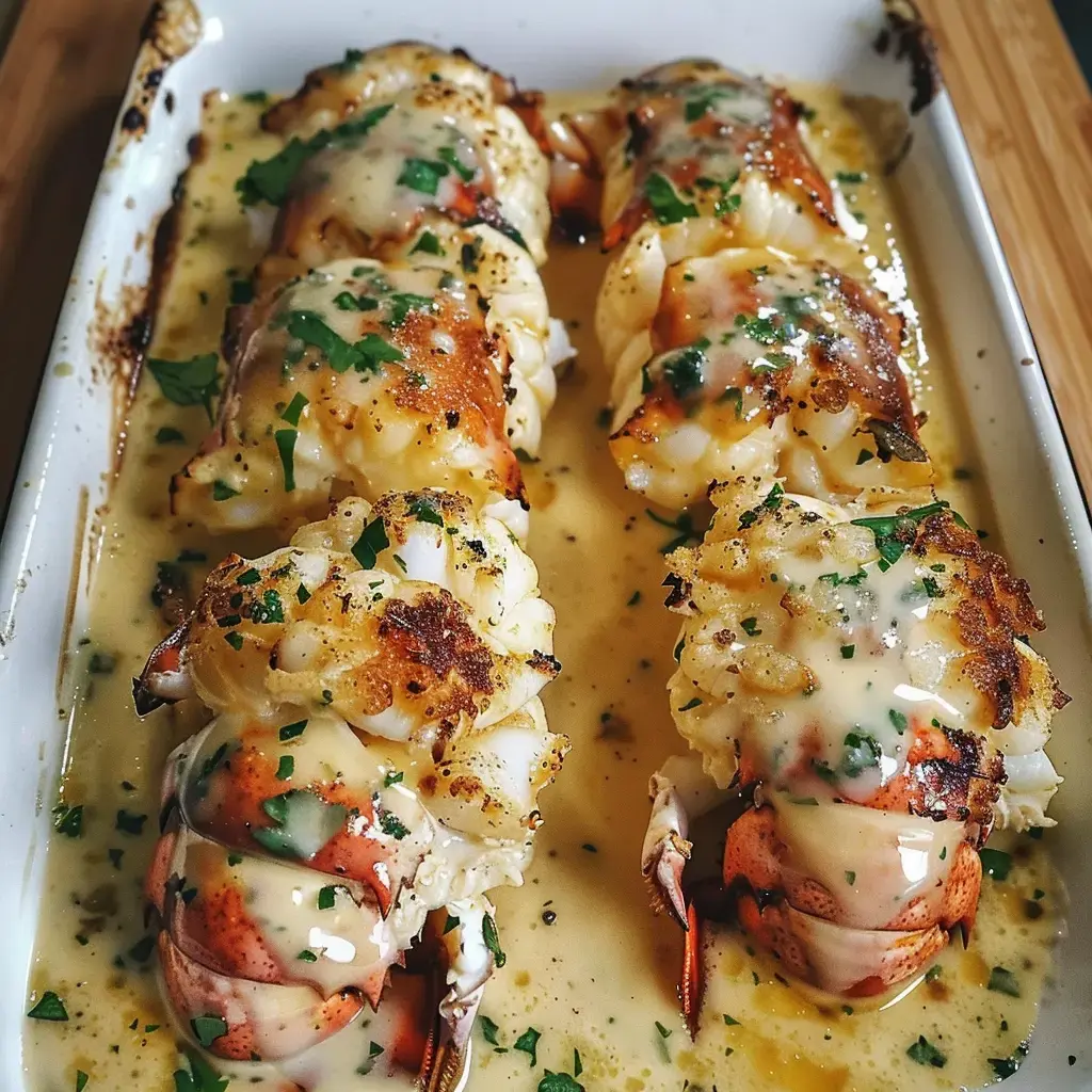 Queues de homard gratinées nappées de sauce onctueuse et parsemées d’herbes fraîches.