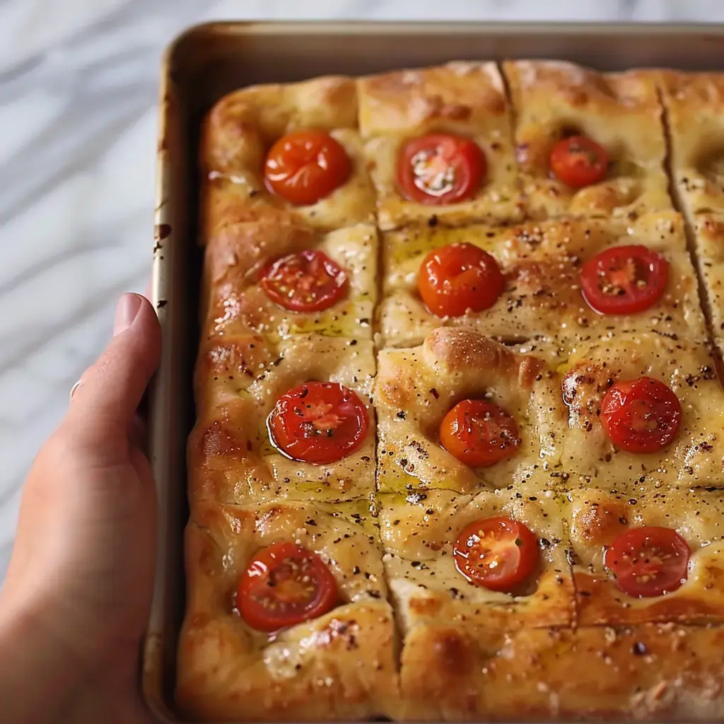On voit quelqu’un présentant sa focaccia couverte de tomates cerises dorées.