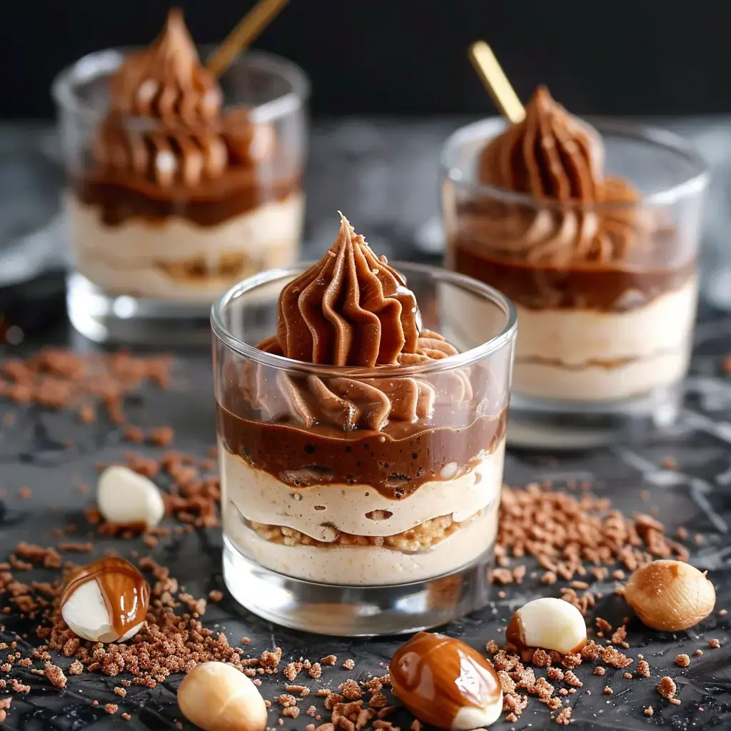 Verrines dessert en étages de crème chocolat, biscuits et chantilly, parsemées de noisettes.