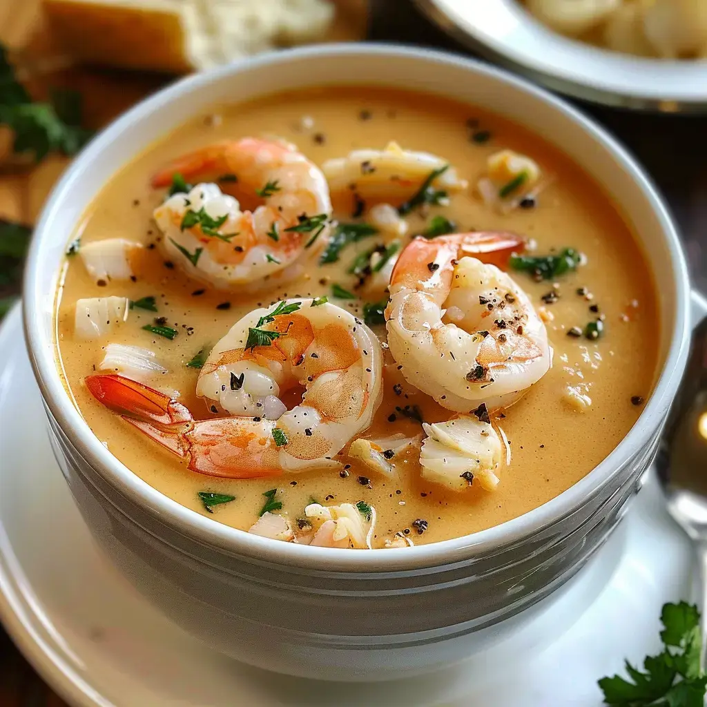 Velouté de crevettes et crabe servi chaud, saupoudré de ciboulette fraîche et de poivre moulu.