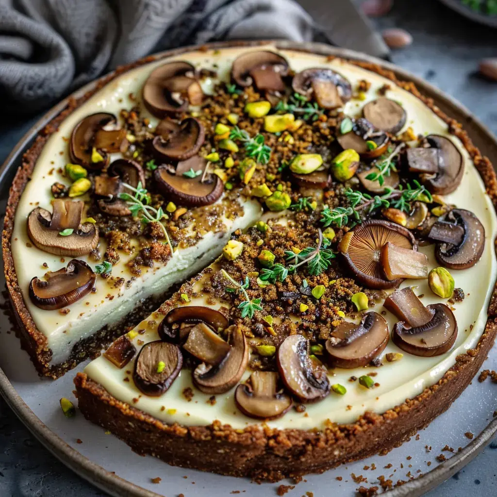 Gâteau salé joliment garni de champignons, pistaches, miettes et une jolie part découpée.
