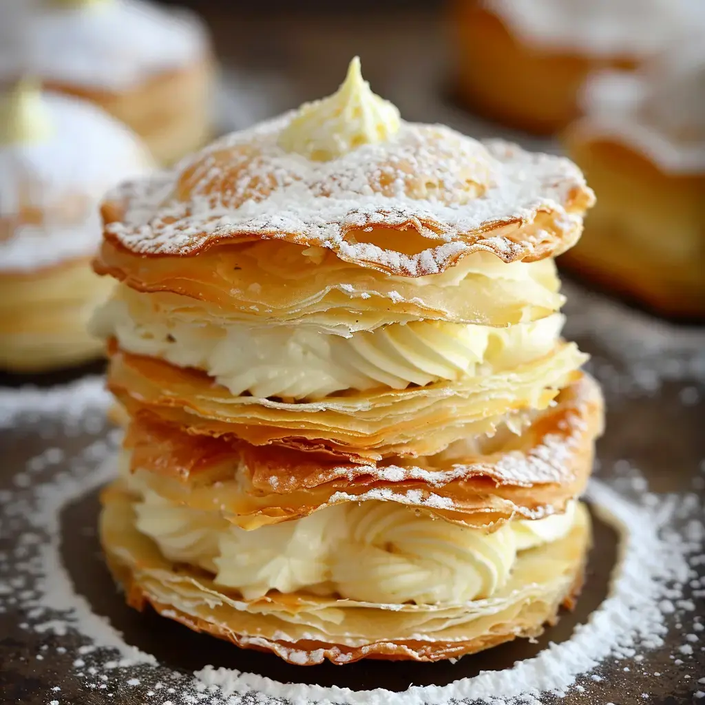Trois étages de pâte feuilletée garnis de crème vanillée et parsemés de sucre neige.