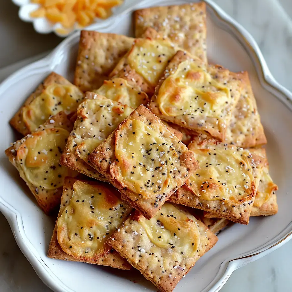 Petits biscuits dorés au fromage, parsemés de graines et de sel sur une jolie assiette.