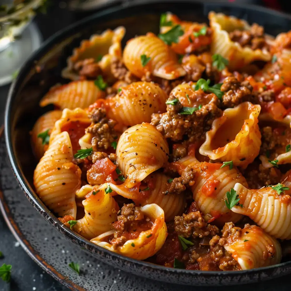 Bol de coquillettes et bœuf émiettés nappés d'une sauce tomate, fraîchement parsemés de persil.