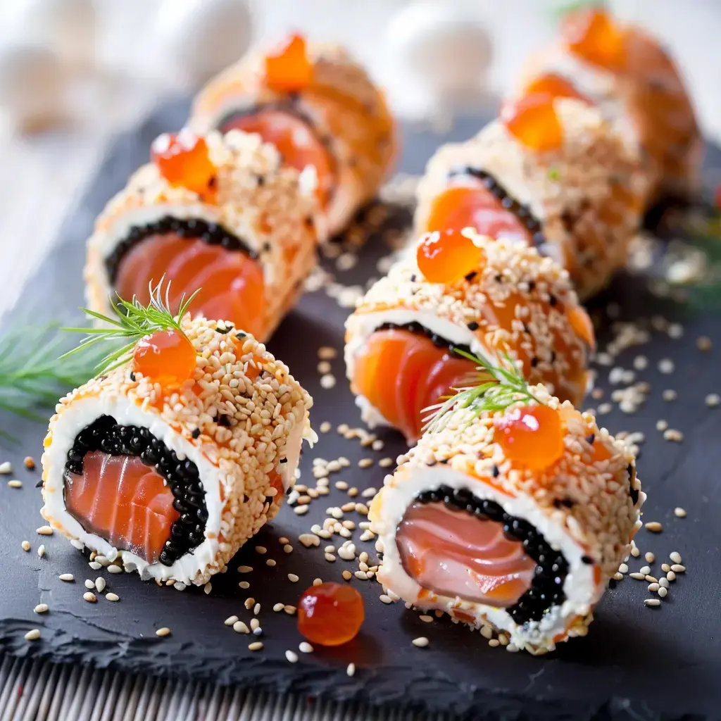 Des rouleaux garnis de saumon, crème, caviar et graines de sésame, présentés sur une planche sombre.