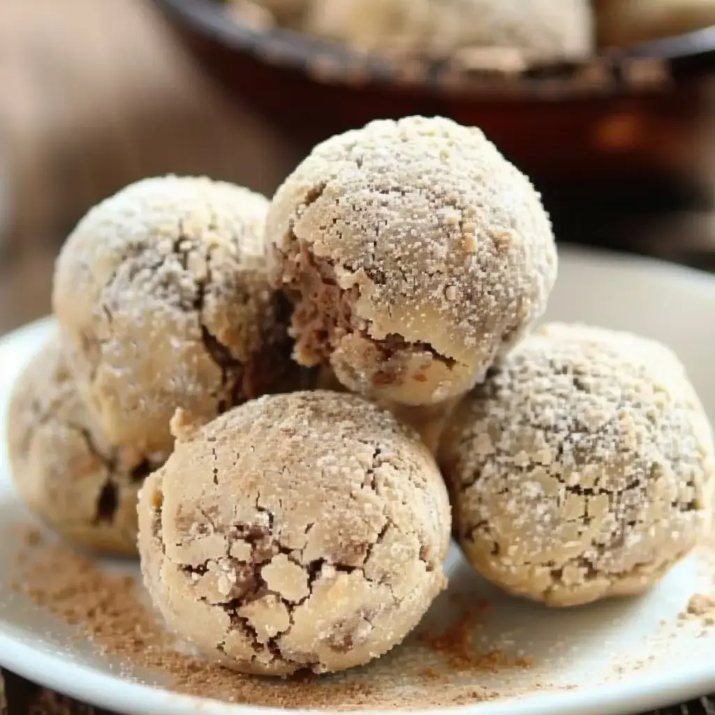 Petites boules sucrées parsemées de sucre, surface craquelée, déposées sur une assiette.