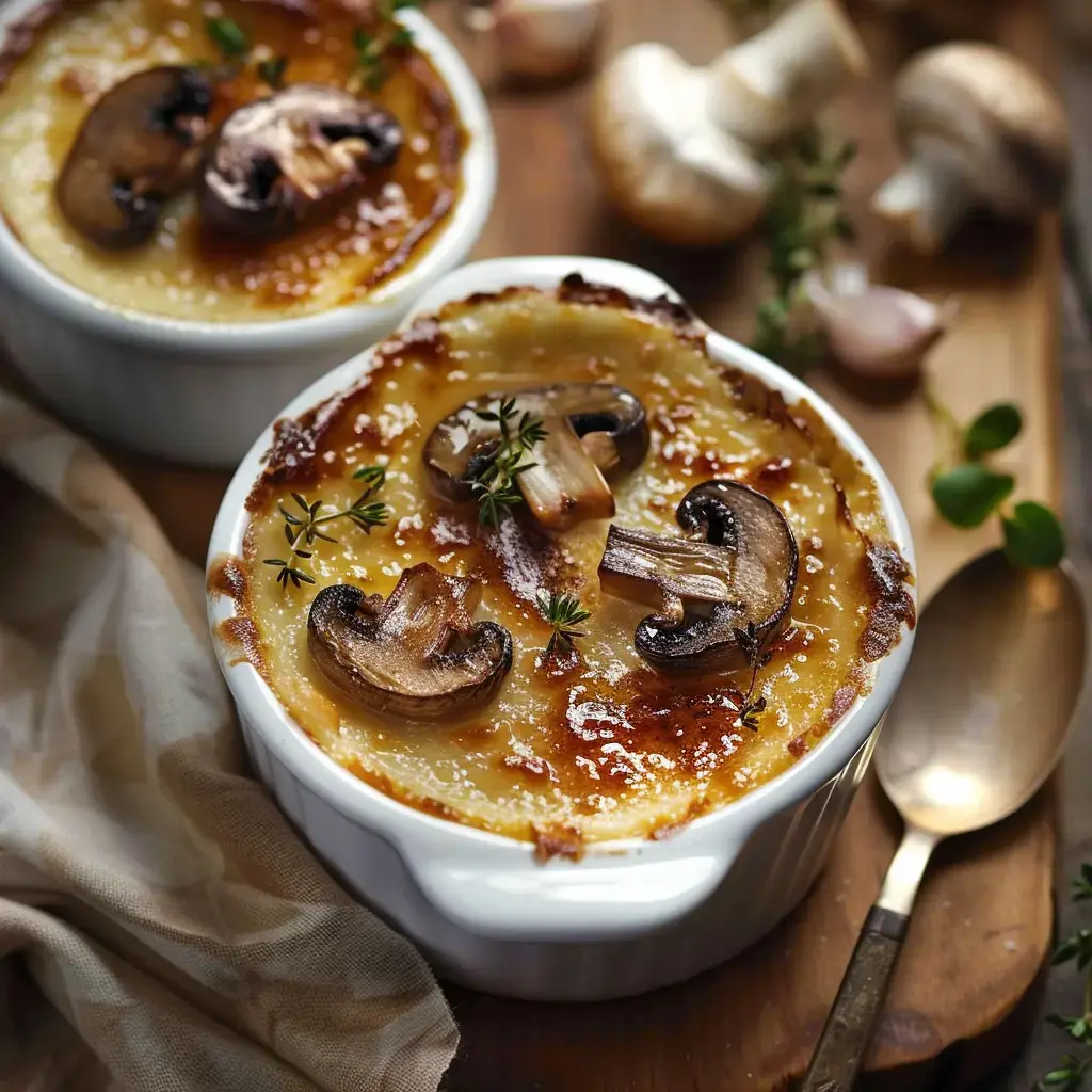 Deux ramequins en céramique avec gratin doré aux champignons et herbes fraîches, posés sur une planche en bois.