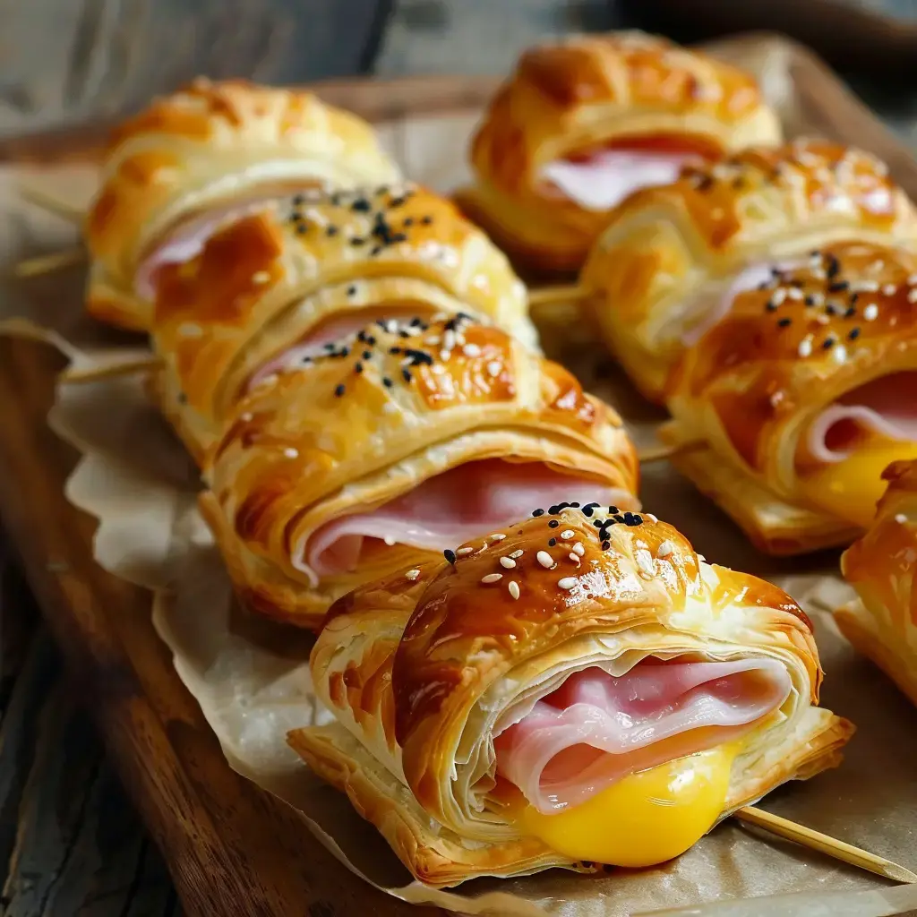 Des bouchées feuilletées roulées avec jambon et jaune d'œuf, couvertes de graines, présentées sur une planche en bois.