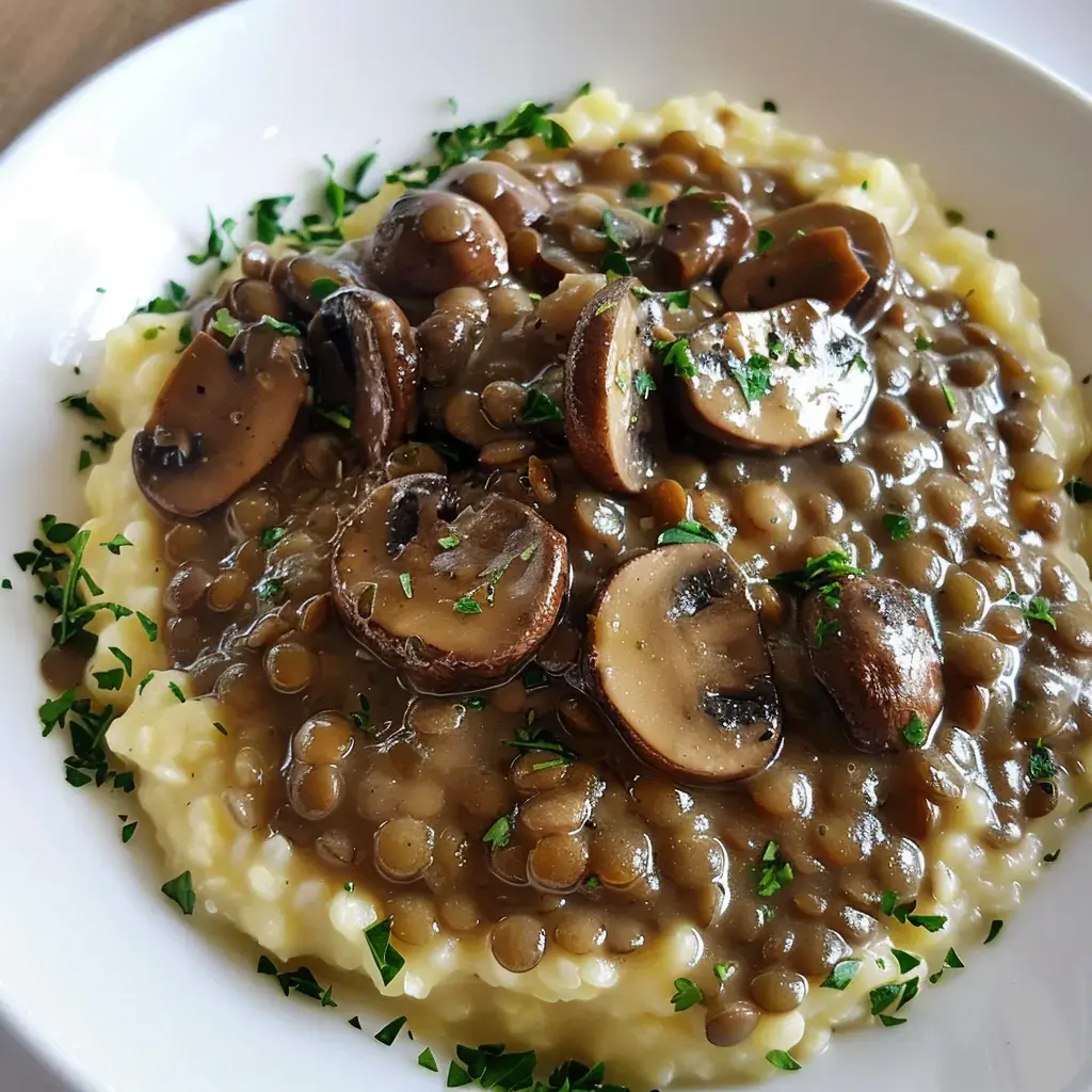 Des lentilles crémeuses aux champignons posées sur une purée moelleuse avec une belle touche de persil frais.