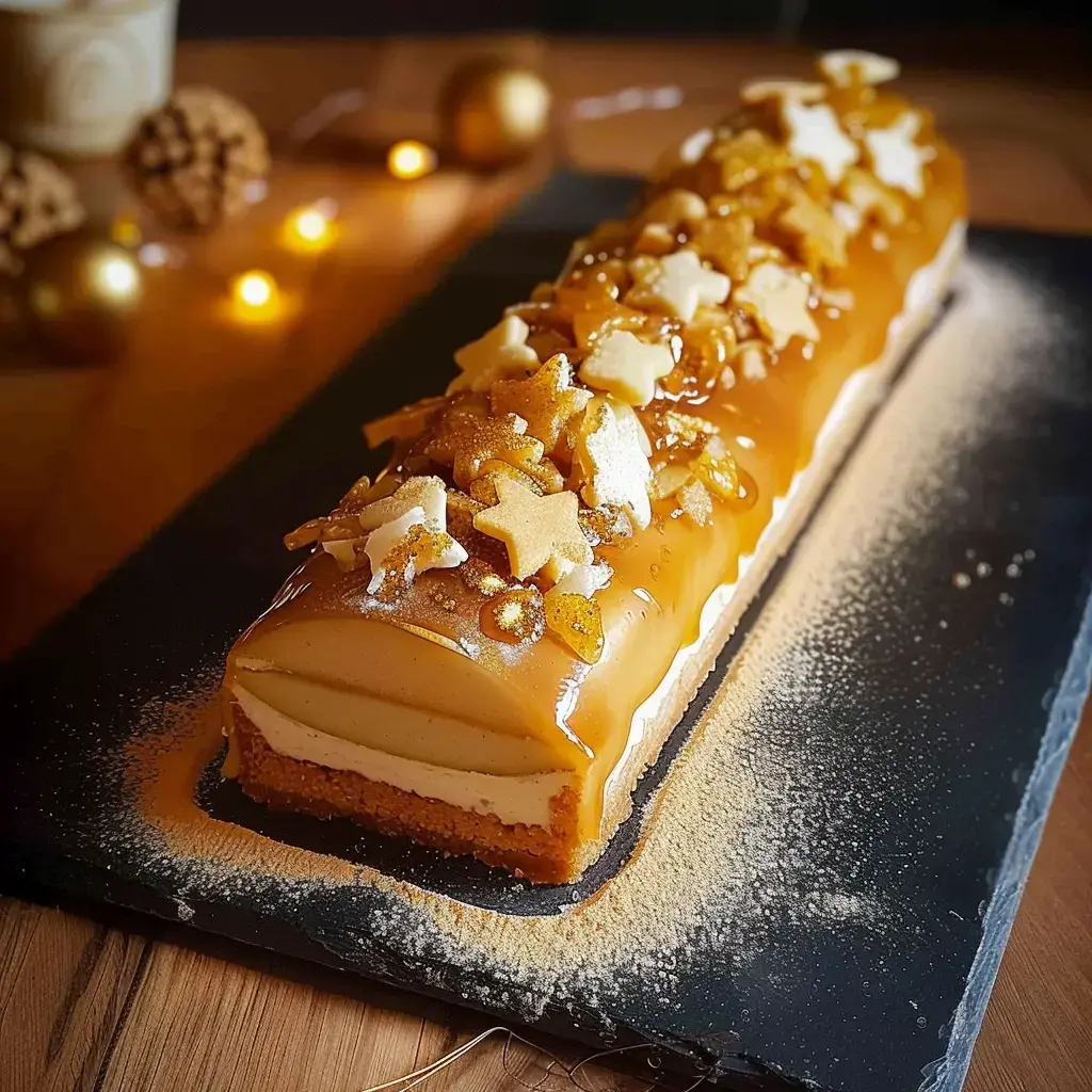 Un gâteau façon bûche décoré de morceaux de caramel, de confiture et d'étoiles en sucre sur un plateau noir.