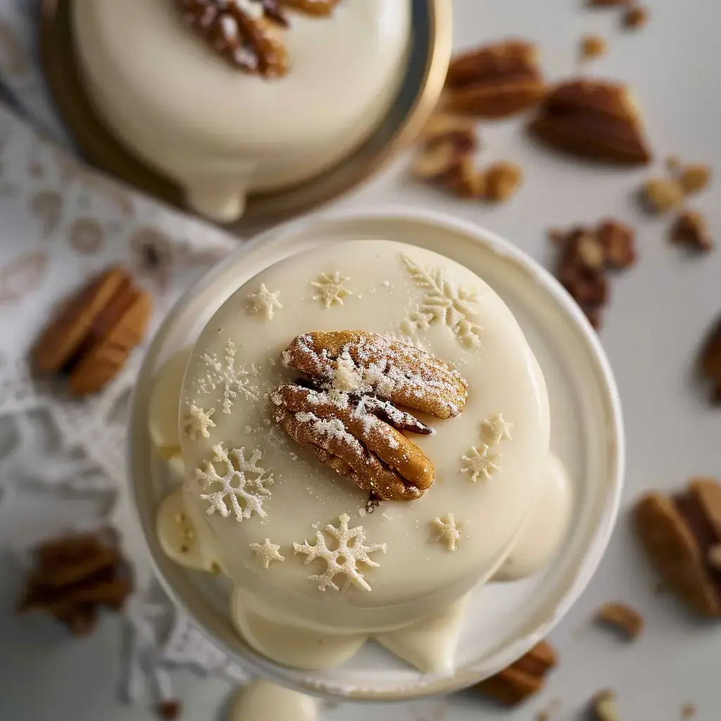 Délice chic nappé de chocolat blanc, parsemé de noix de pécan et de jolis motifs d’hiver, prêt à déguster.