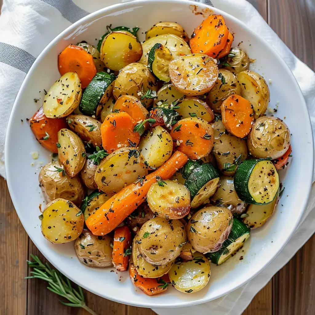 Un beau saladier rempli de légumes dorés avec pommes de terre, carottes, courgettes et des herbes fraîches, prêt à être partagé.