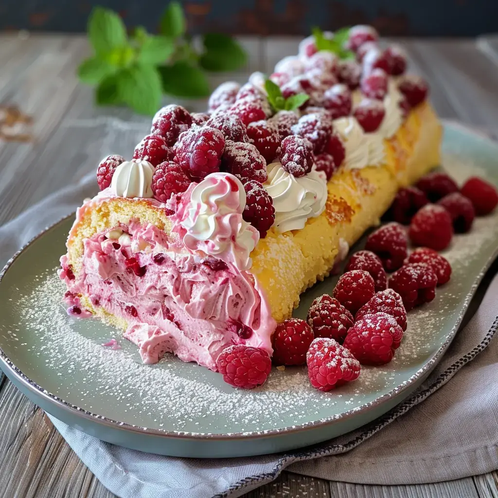 Un gâteau roulé garni de crème à la framboise, décoré de framboises fraîches et de crème fouettée, et saupoudré de sucre glace.