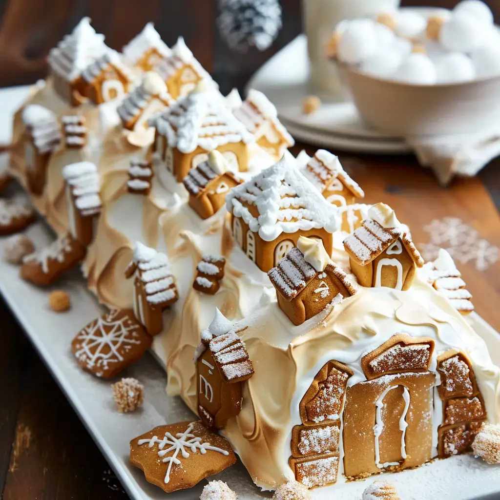 Un gâteau roulé façon village pain d’épices avec crème et sucre glace, posé sur un joli plat.