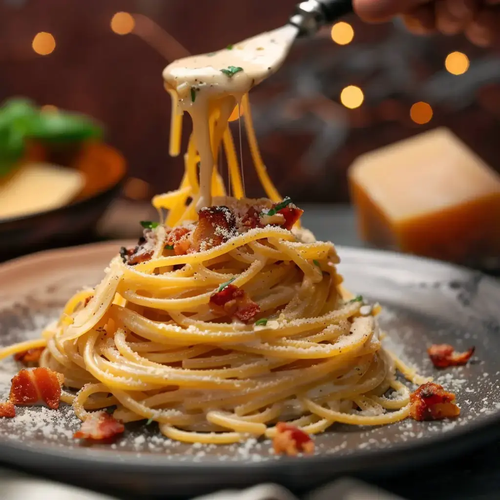 Pâtes crémeuses au fromage et lard croustillant dans une assiette, fourchette à côté.