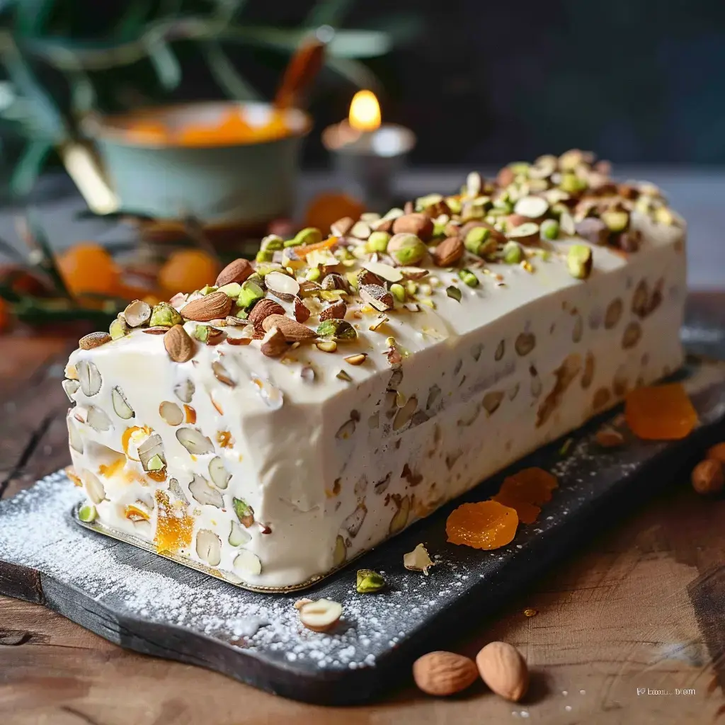 Un dessert glacé avec fruits secs et abricots, décoré généreusement, posé sur une planche en bois.