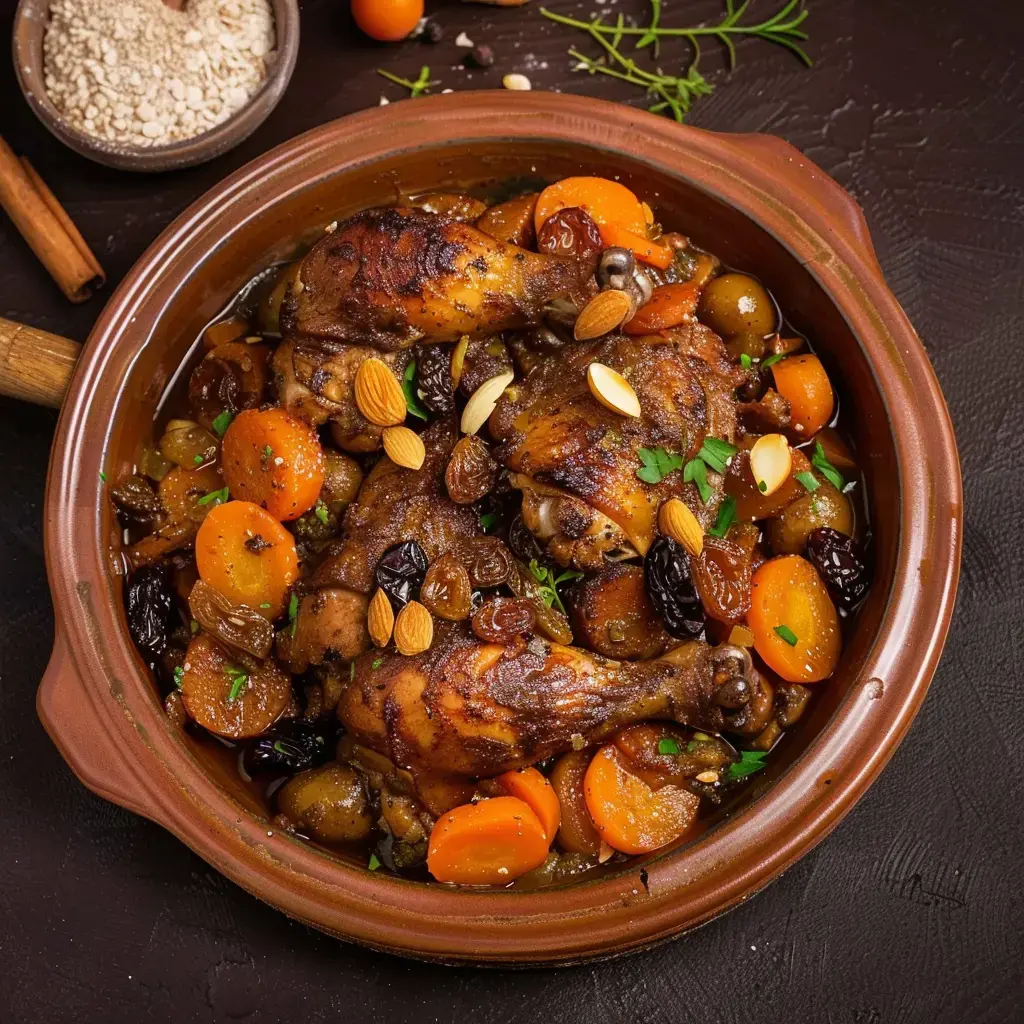 Un tajine de poulet aux abricots et amandes dans un plat traditionnel, décoré de raisins secs et carottes tendres.