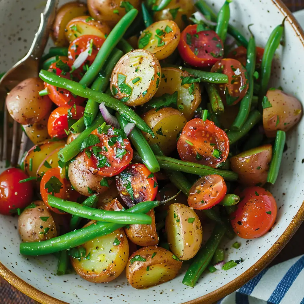 Pommes de terre nouvelles, tomates cerises et haricots verts, herbes fraîches et oignons rouges.