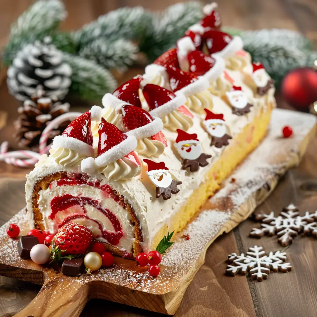 Un gâteau roulé festif avec des fraises fraîches, de la crème légère et des décorations de fête sur une planche en bois.