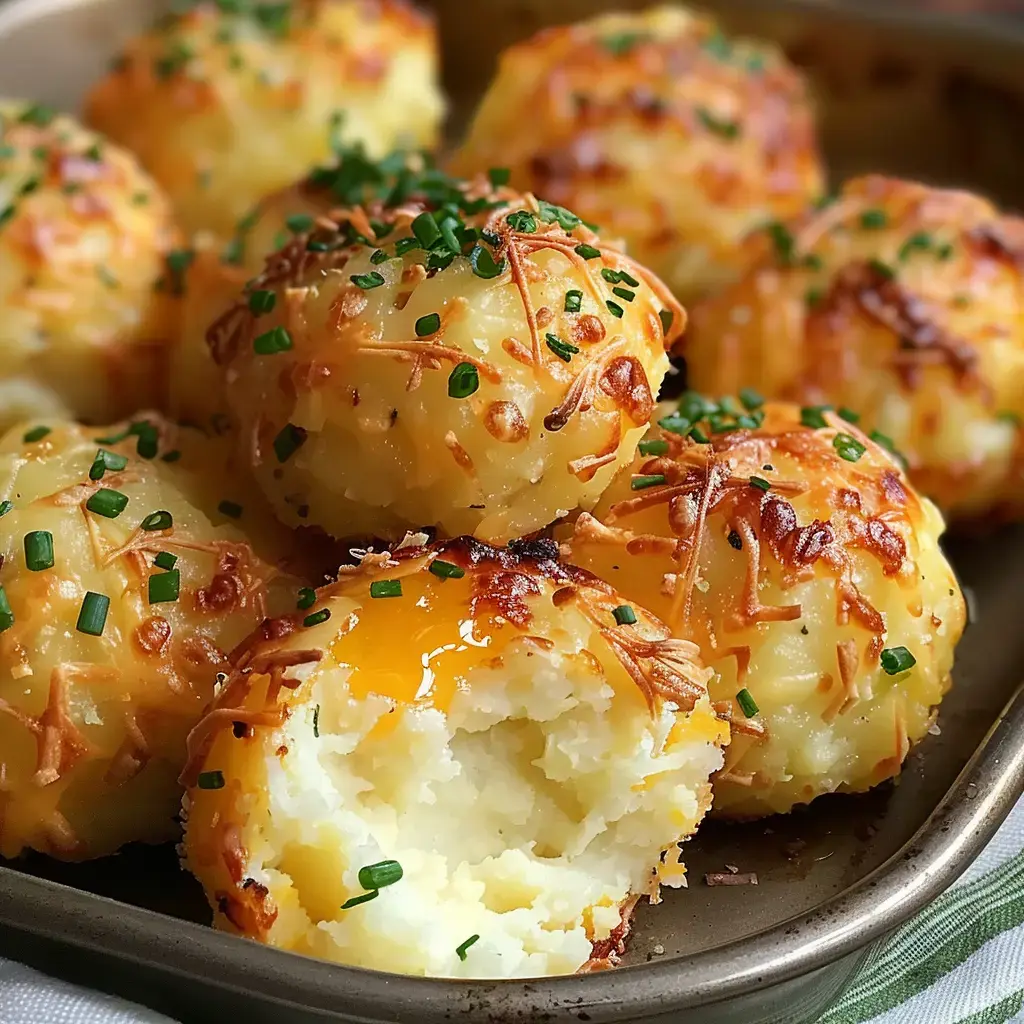 De petites boules de pommes de terre dorées et fondantes au fromage, saupoudrées de ciboulette et posées dans un plat convivial.