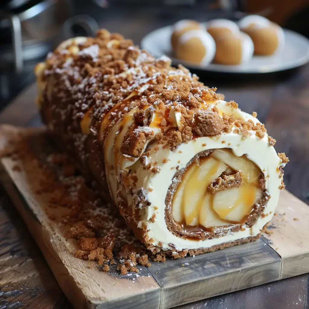 Bûche moelleuse garnie de pommes et de crème, saupoudrée de biscuits, posée sur une planche en bois.
