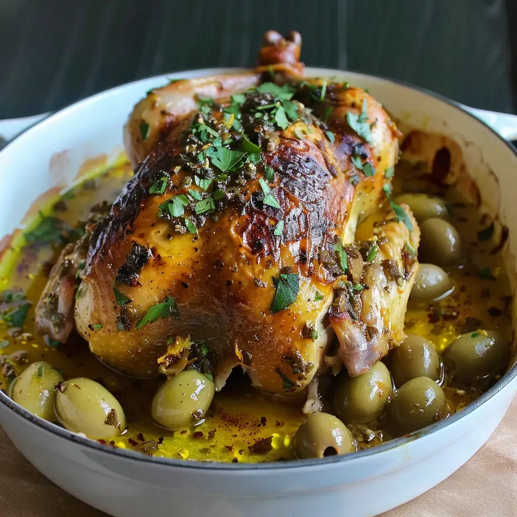 Un poulet rôti craquant, recouvert de coriandre, avec des olives vertes et sauce bien brillante.