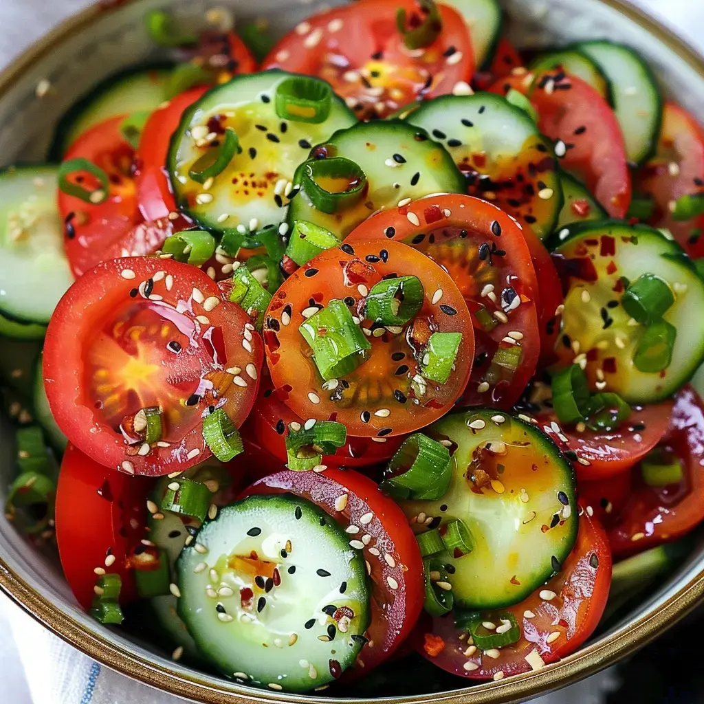 Un joli mélange de rondelles de concombres et de tomates, surmonté de graines de sésame dorées et d’oignons nouveaux.