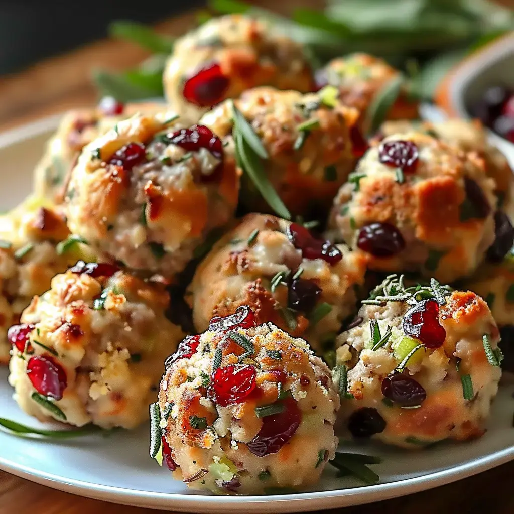 Boules bien dorées remplies de canneberges et d'herbes, posées sur une assiette blanche.