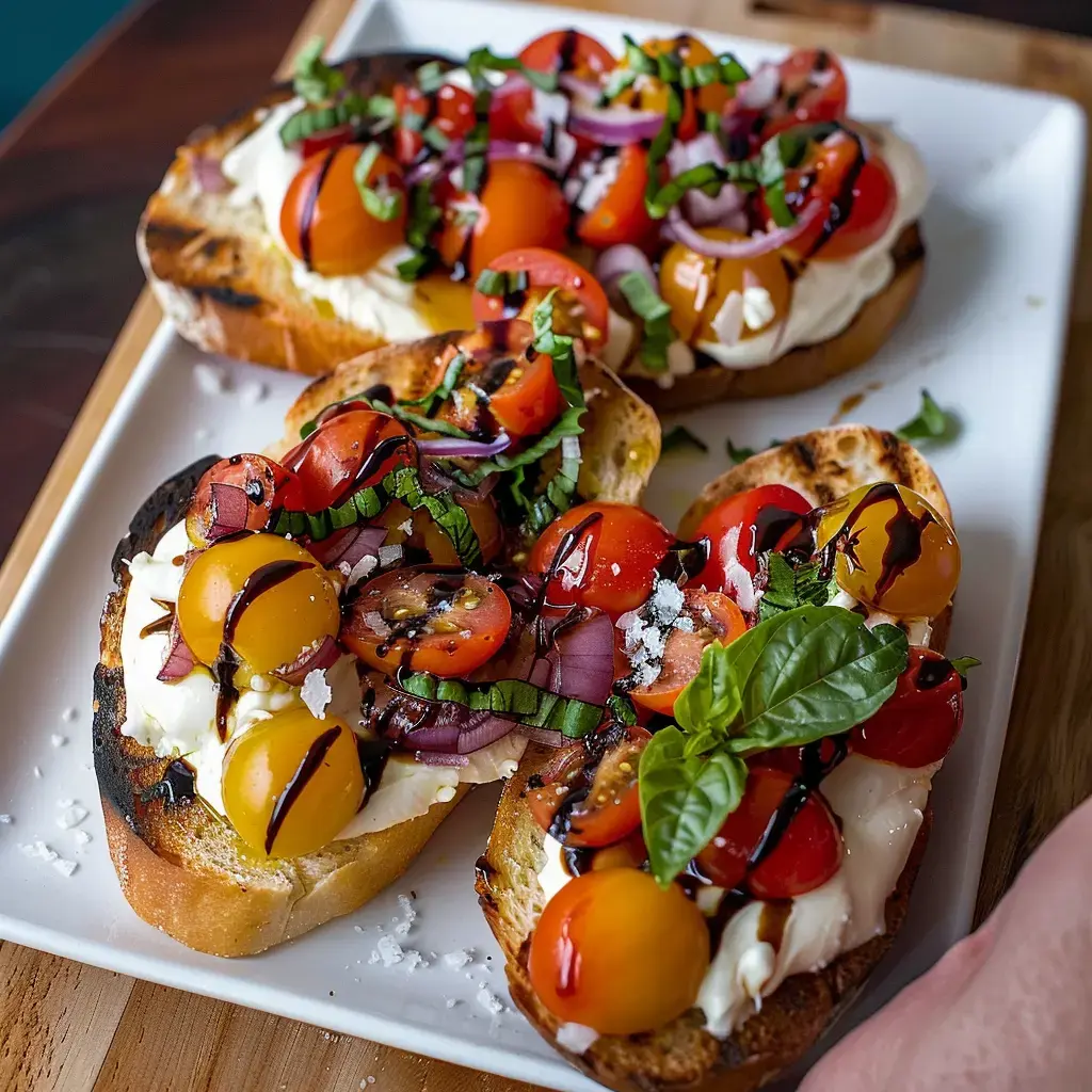 Tartines croustillantes garnies de tomates cerises multicolores, oignons rouges, basilic frais et filet de balsamique, le tout sur du pain chaud.