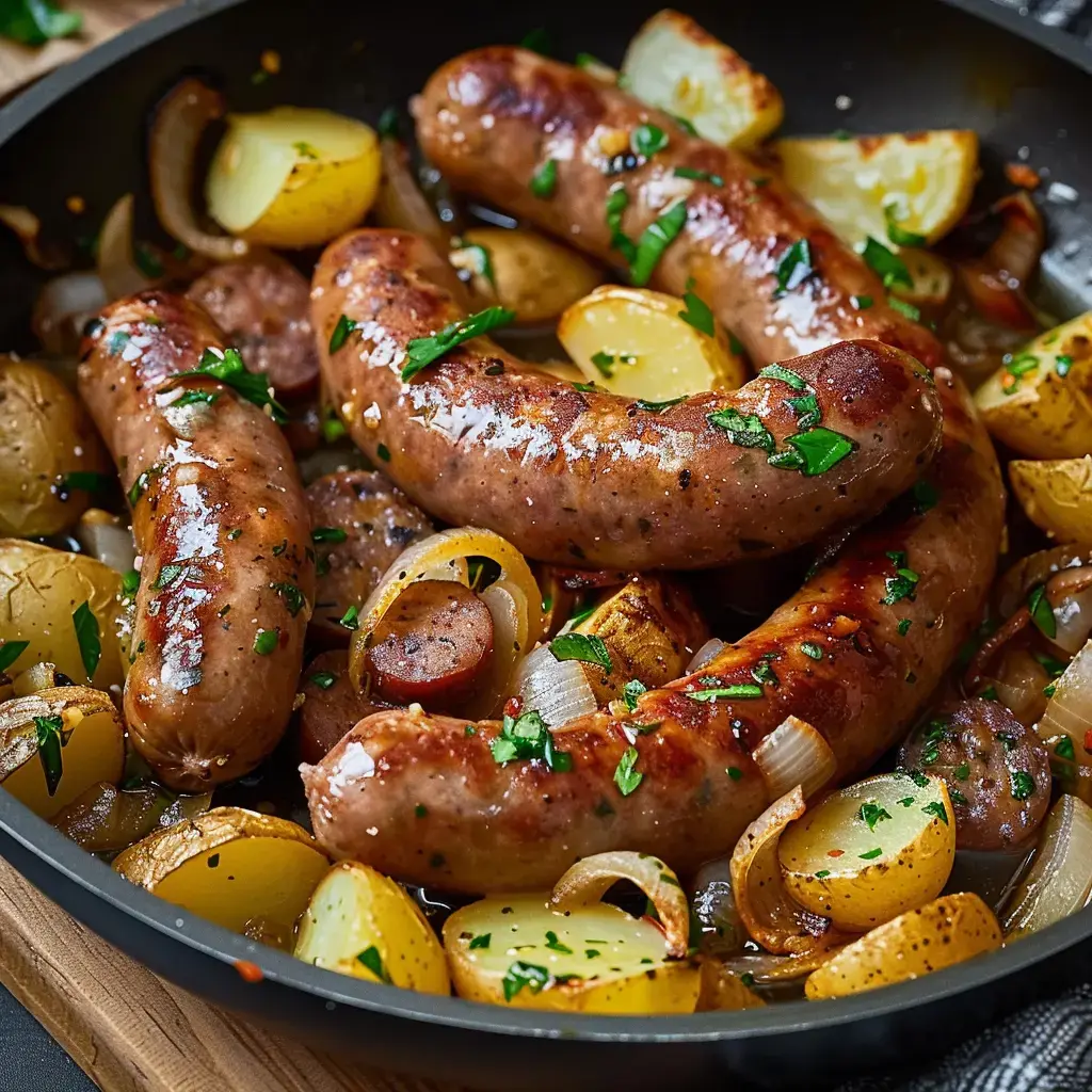 Dans une poêle, des saucisses dorées, pommes de terre et oignons, décorées de persil frais.