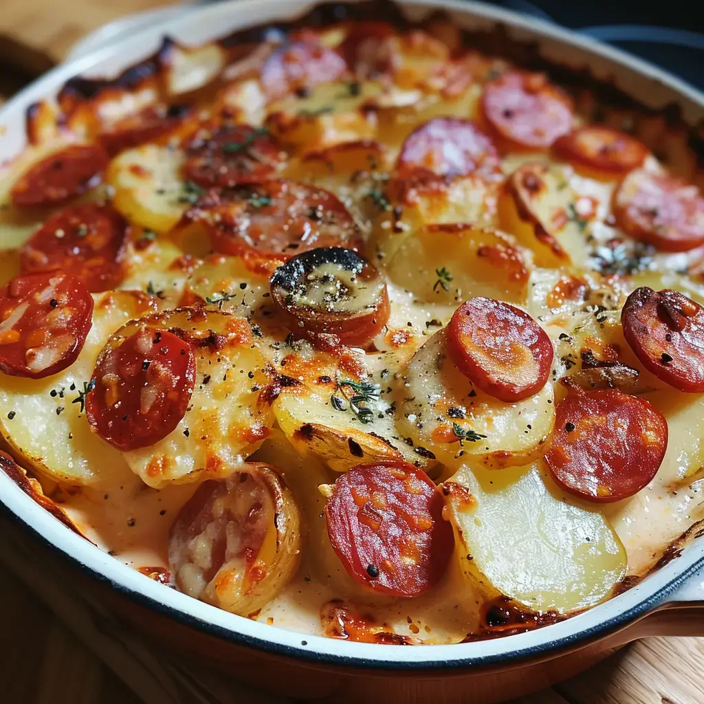 Un gratin de pommes de terre avec du chorizo et du fromage fondant, le tout doré et parsemé d’herbes.