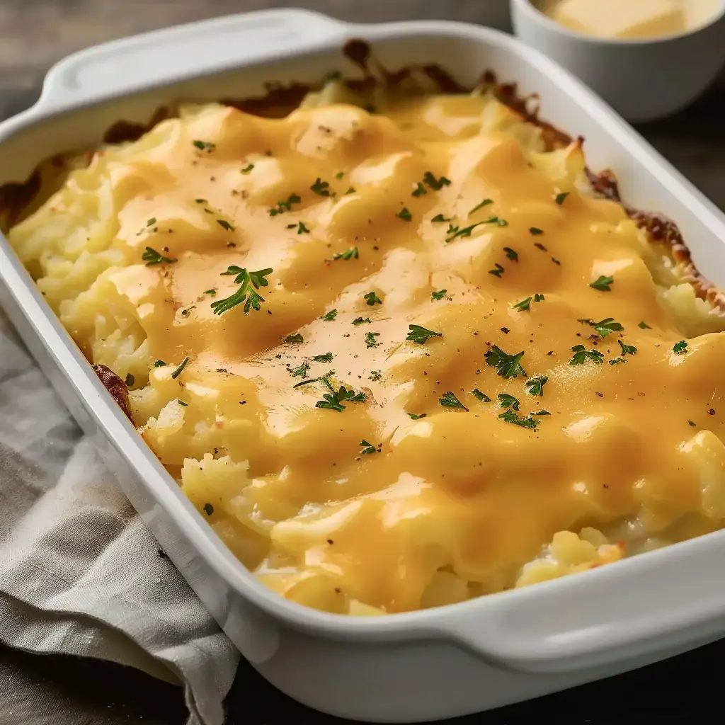Gratin ultra crémeux recouvert de fromage doré et de persil frais.