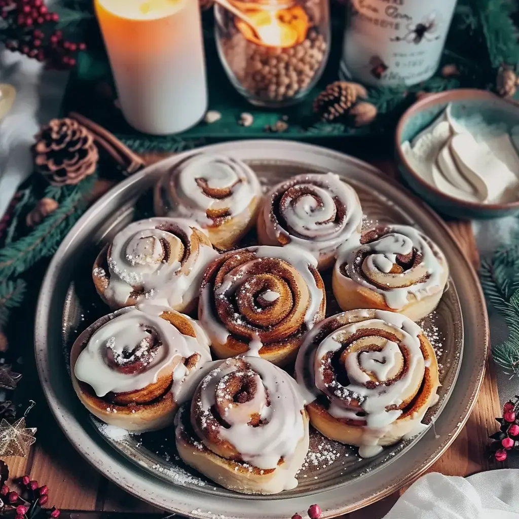 Des roulés à la cannelle tout juste nappés, déposés sur une assiette entourée de bougies et de décos de fête.