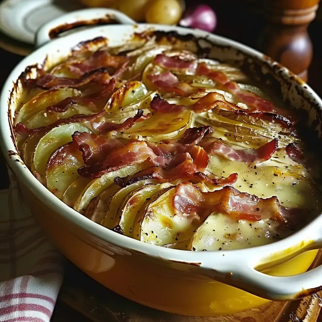 Gratin de pommes de terre recouvert de lard croustillant et nappé de crème dans un plat céramique.