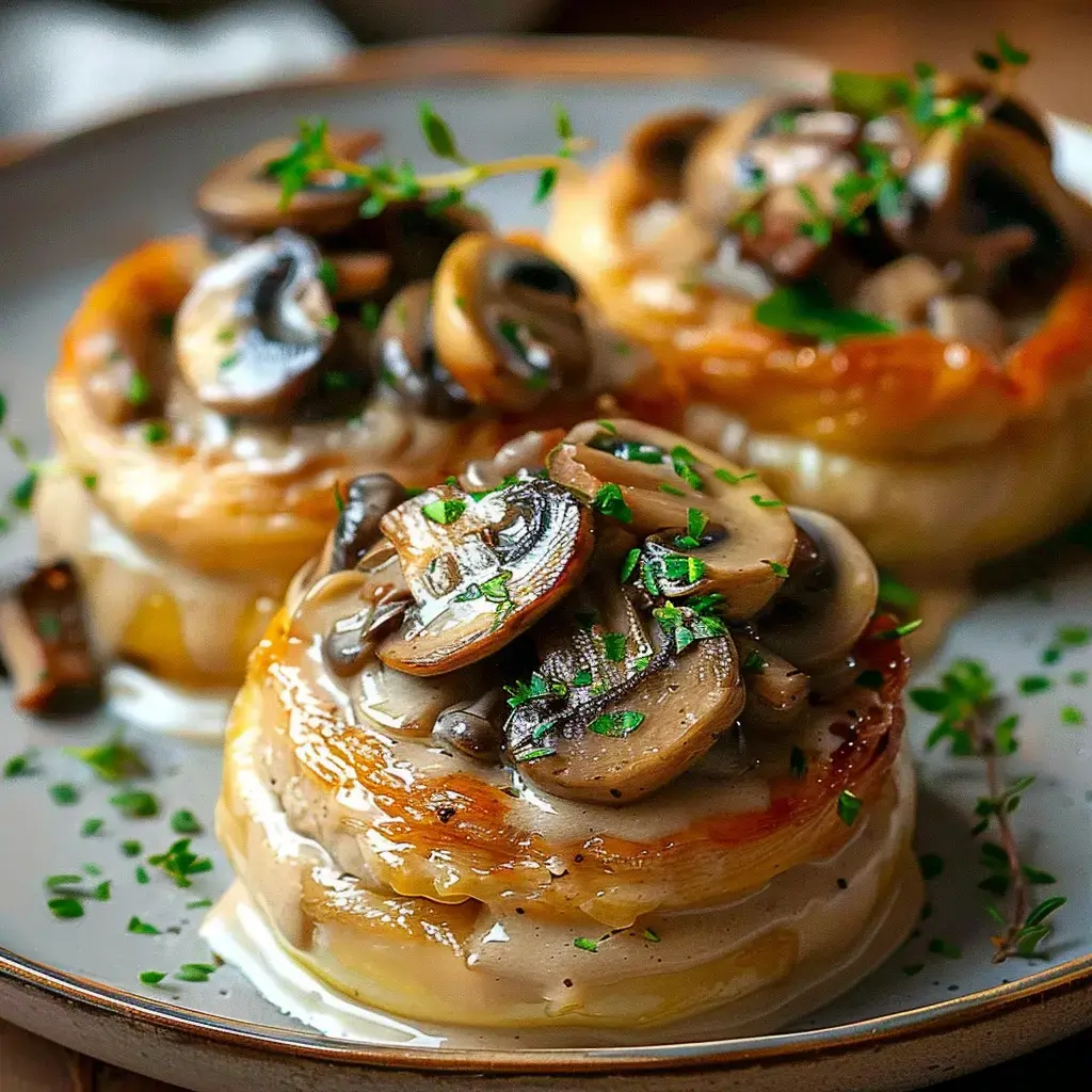 Trois petits feuilletés à la pomme de terre, garnis aux champignons et herbes fraîches sur une assiette.