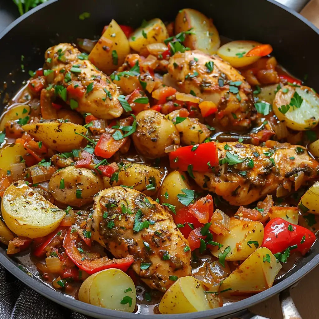 Poulet aux pommes de terre, poivrons et oignons, décoré de persil frais.