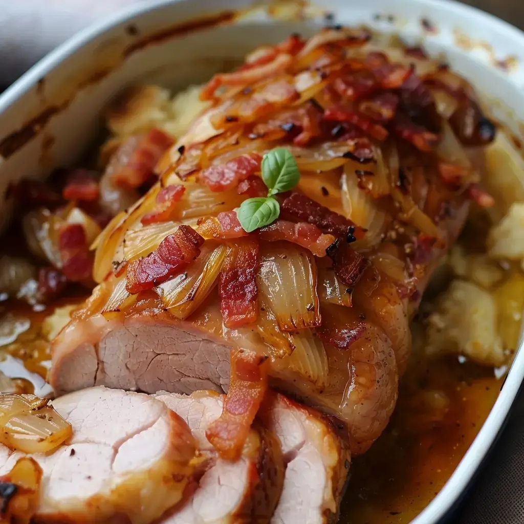 Un rôti tendre découpé, garni de lardons et d'oignons, servi avec une sauce parfumée.