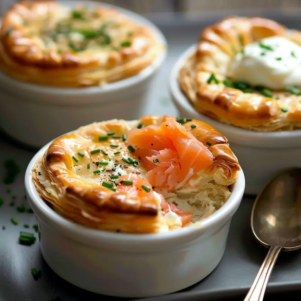 Petits plats individuels de quiche au saumon fumé et ciboulette, une cuillère posée à côté.